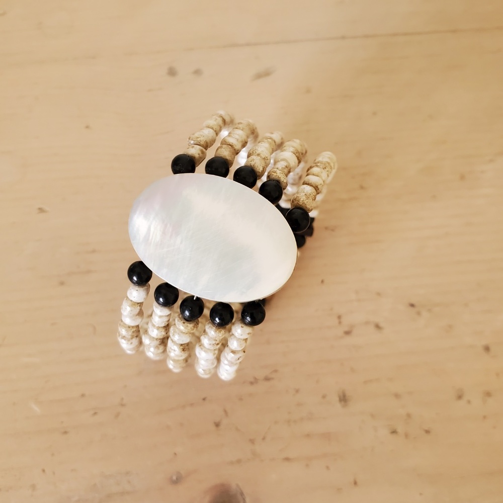 Beautiful Beachy Boho Surf Mother of Pearl Beaded Wide Cuff Bracelet